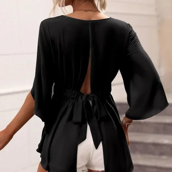 Black Boho Womens Knot Back Split Sleeve Blouse - Picture 4 of 5